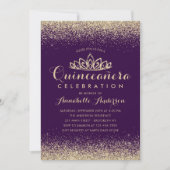 Glam Lila Violet Quinceañera Gold Tiara Glitzer Einladung (Vorderseite)