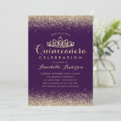 Glam Lila Violet Quinceañera Gold Tiara Glitzer Einladung (Stehend Vorderseite)