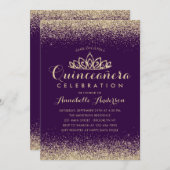 Glam Lila Violet Quinceañera Gold Tiara Glitzer Einladung (Vorne/Hinten)