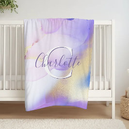 Glam Lilac Gold Abstrakt Paint Elegant Monogram Fleecedecke