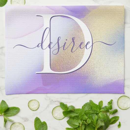 Glam Lilac Gold Abstrakt Paint Elegant Monogram Geschirrtuch (Gefaltet)