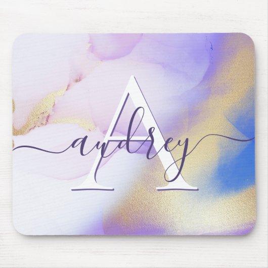 Glam Lilac Gold Abstrakt Paint Elegant Monogram Mousepad (Vorne)