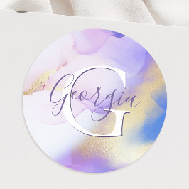 Glam Lilac Gold Abstrakt Paint Elegant Monogram Runder Aufkleber