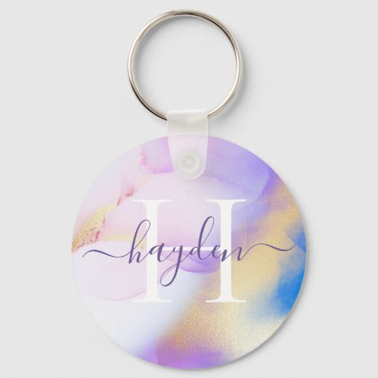 Glam Lilac Gold Abstrakt Paint Elegant Monogram Schlüsselanhänger (Vorderseite)