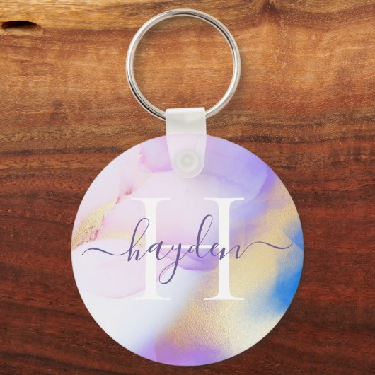 Glam Lilac Gold Abstrakt Paint Elegant Monogram Schlüsselanhänger (Vorderseite)