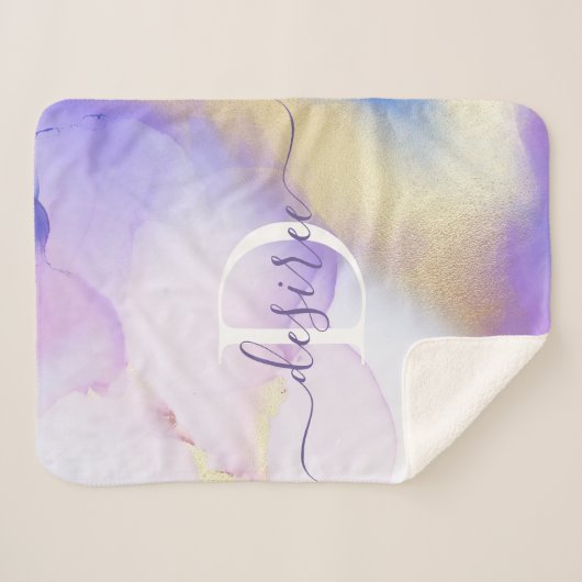 Glam Lilac Gold Abstrakt Paint Elegant Monogram Sherpadecke (Vorderseite (Horizontal))