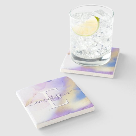 Glam Lilac Gold Abstrakt Paint Elegant Monogram Steinuntersetzer (Seitenansicht)