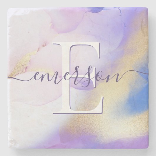 Glam Lilac Gold Abstrakt Paint Elegant Monogram Steinuntersetzer (Vorderseite)