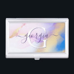 Glam Lilac Gold Abstrakt Paint Elegant Monogram Visitenkarten Dose<br><div class="desc">Diese abstrakte lila Aquarellfarbe und das goldene Imitat bespritzen den Hintergrund mit Ihren individuellen Details.</div>