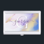 Glam Lilac Gold Abstrakt Paint Elegant Monogram Visitenkarten Dose<br><div class="desc">Diese abstrakte lila Aquarellfarbe und das goldene Imitat bespritzen den Hintergrund mit Ihren individuellen Details.</div>