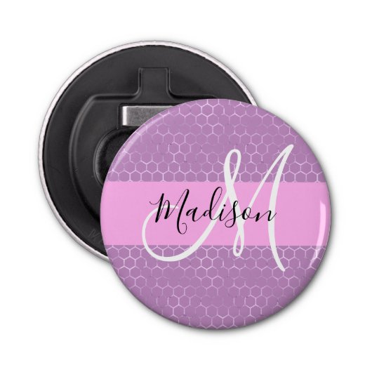 Glam Lilac Metallic Pink Honeycomb Monogram Name Flaschenöffner (Vorderseite)
