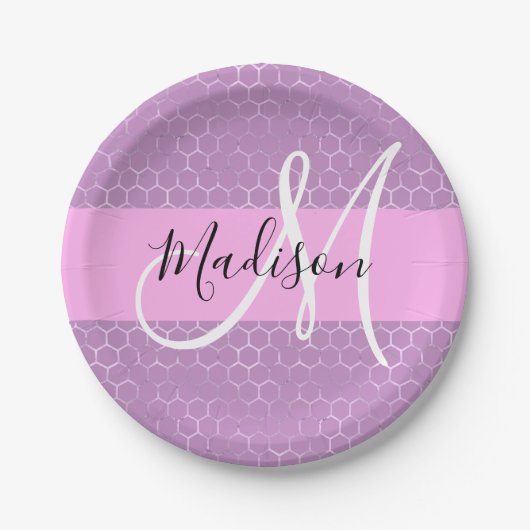 Glam Lilac Metallic Pink Honeycomb Monogram Name Pappteller (Vorderseite)
