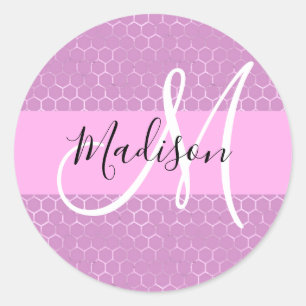 Glam Lilac Metallic Pink Honeycomb Monogram Name Runder Aufkleber
