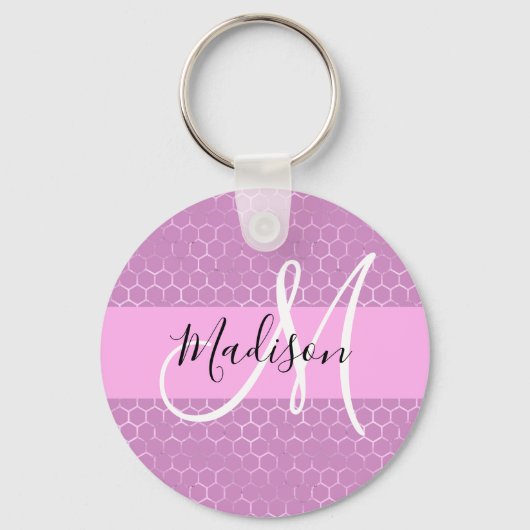 Glam Lilac Metallic Pink Honeycomb Monogram Name Schlüsselanhänger (Vorderseite)