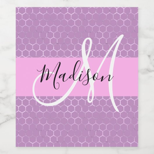 Glam Lilac Metallic Pink Honeycomb Monogram Name Weinetikett (Einzelnes Label)