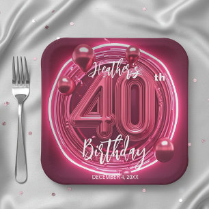 Glam Magenta Neon Pink 40. Geburtstagsfeier Pappteller