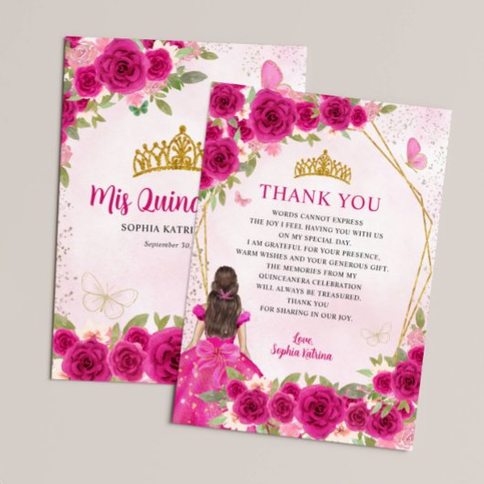 Glam Magenta Pink Gold Floral Prinzessin Quinceañe Dankeskarte