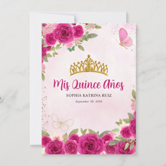 Glam Magenta Pink Gold Floral Prinzessin Quinceañe Dankeskarte (Rückseite)