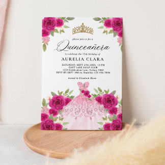 Glam Magenta Rosa Kleid Floral 15. Quinceañera Einladung