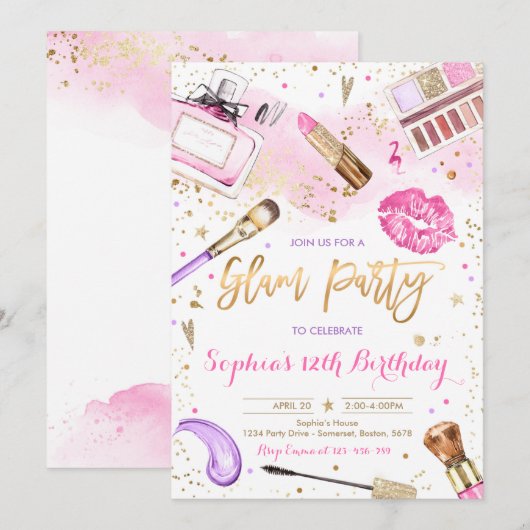 Glam Makeup Geburtstagsparty Rosa Wellness-Center  Einladung (Vorne/Hinten)