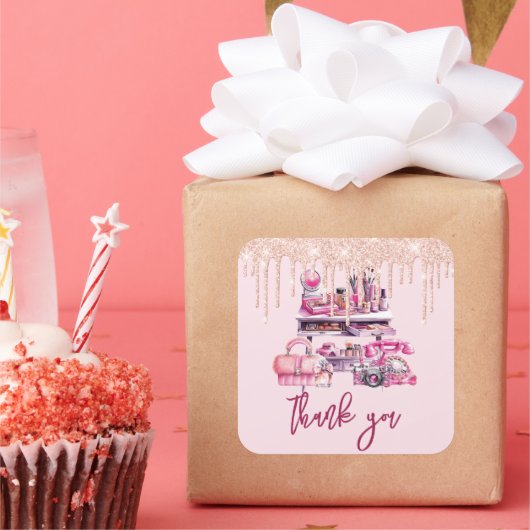 Glam Makeup Girl Birthday Quadratischer Aufkleber (Party)