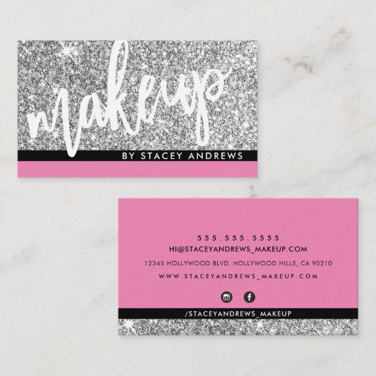 GLAM MAKEUP Pinselskript silber Glitzer rosa Schwa Visitenkarte (Vorne/Hinten)