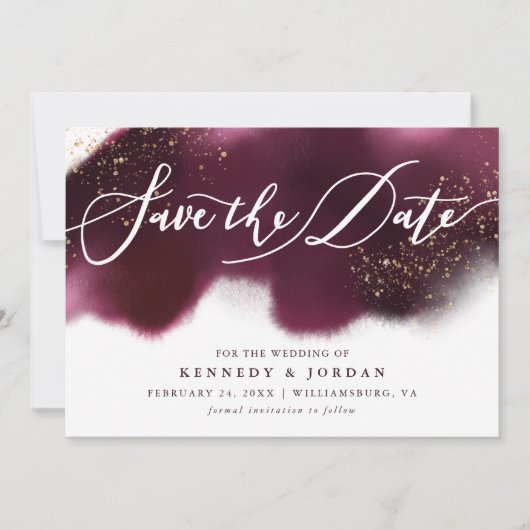 Glam Maroon und Gold Glitzer Save The Date (Vorderseite)