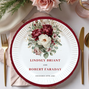 Glam Marsala Floral Eucalyptus Gold Hochzeitsplatt Pappteller