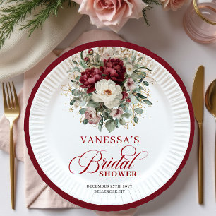 Glam Marsala Floral Gold Brautparty-Papierplatte Pappteller