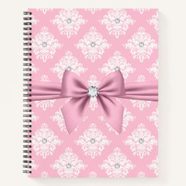 Glam Mauve Pink Bow Diamonds White Damask Notizblock
