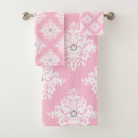 Glam Mauve Pink Diamonds White Damask Badhandtuch Set (Insitu)