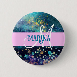 Glam Meerjungfrau Aqua Gold Glitter Funkeln Monogr Button