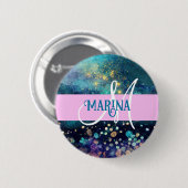 Glam Meerjungfrau Aqua Gold Glitter Funkeln Monogr Button (Vorne & Hinten)