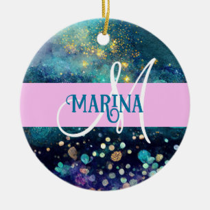 Glam Meerjungfrau Aqua Gold Glitter Funkeln Monogr Keramik Ornament