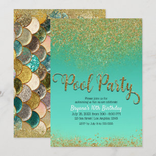 Glam Meerjungfrau Poolparty Gold Glitter Türkis Ge Einladung