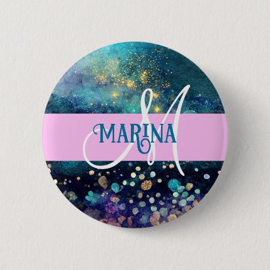 Glam Mermaid Aqua Gold Glitzer Glitzern Monogram Button (Vorderseite)
