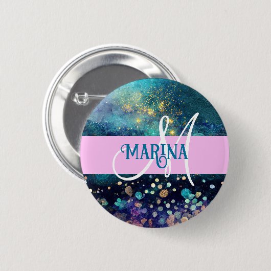 Glam Mermaid Aqua Gold Glitzer Glitzern Monogram Button (Vorne & Hinten)