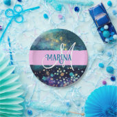 Glam Mermaid Aqua Gold Glitzer Glitzern Monogram Pappteller (Party)