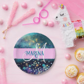 Glam Mermaid Aqua Gold Glitzer Glitzern Monogram Pappteller (Party)