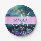 Glam Mermaid Aqua Gold Glitzer Glitzern Monogram Pappteller (Vorderseite)