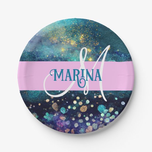 Glam Mermaid Aqua Gold Glitzer Glitzern Monogram Pappteller (Vorderseite)