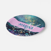 Glam Mermaid Aqua Gold Glitzer Glitzern Monogram Pappteller (Schrägansicht)