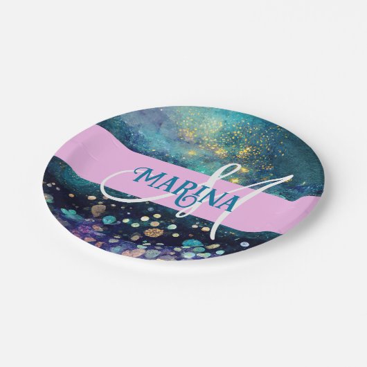 Glam Mermaid Aqua Gold Glitzer Glitzern Monogram Pappteller (Schrägansicht)