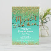 Glam Mermaid Brautparty Gold Glitzer & Aquamarin Einladung (Stehend Vorderseite)