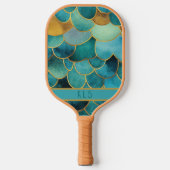 Glam Mermaid Scales Aquamarin & Gold Monogram Pickleball Schläger (Vorderseite)