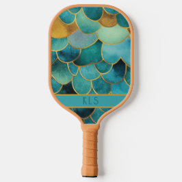 Glam Mermaid Scales Aquamarin & Gold Monogram Pickleball Schläger