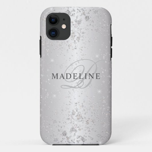 Glam Metallic Silver Glitzer Anpassbarer Name Case-Mate iPhone Hülle (Rückseite)