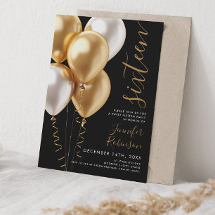 Glam Minimal Gold Balloons Sweet 16 Birthday Black Einladung