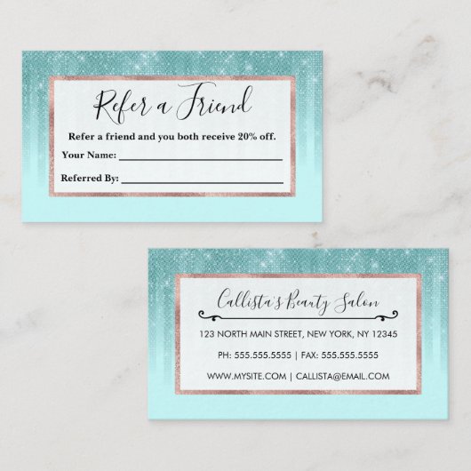 Glam Mint Green Aqua Glitzer Streifen glänzend Empfehlungskarte (Vorne/Hinten)