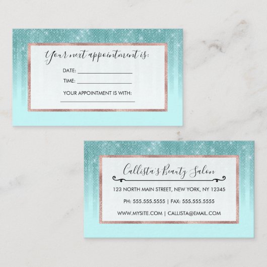 Glam Mint Green Aqua Glitzer Streifen glänzend Terminkarte (Vorne/Hinten)